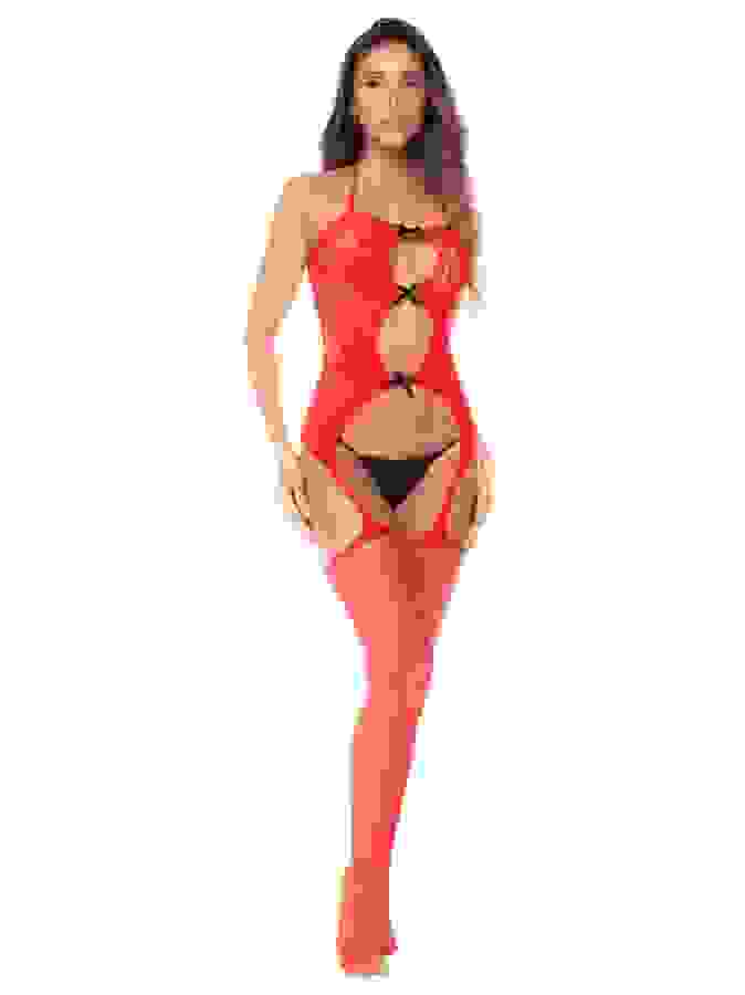 Mapale Red Fishnet and Bodystocking, Red, hi-res